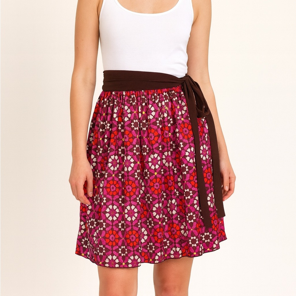 A Common Thread Brown Fuchsia Purple Red Silk Bead Tie Waist Skirt P XS $249 - Picture 9 of 9
